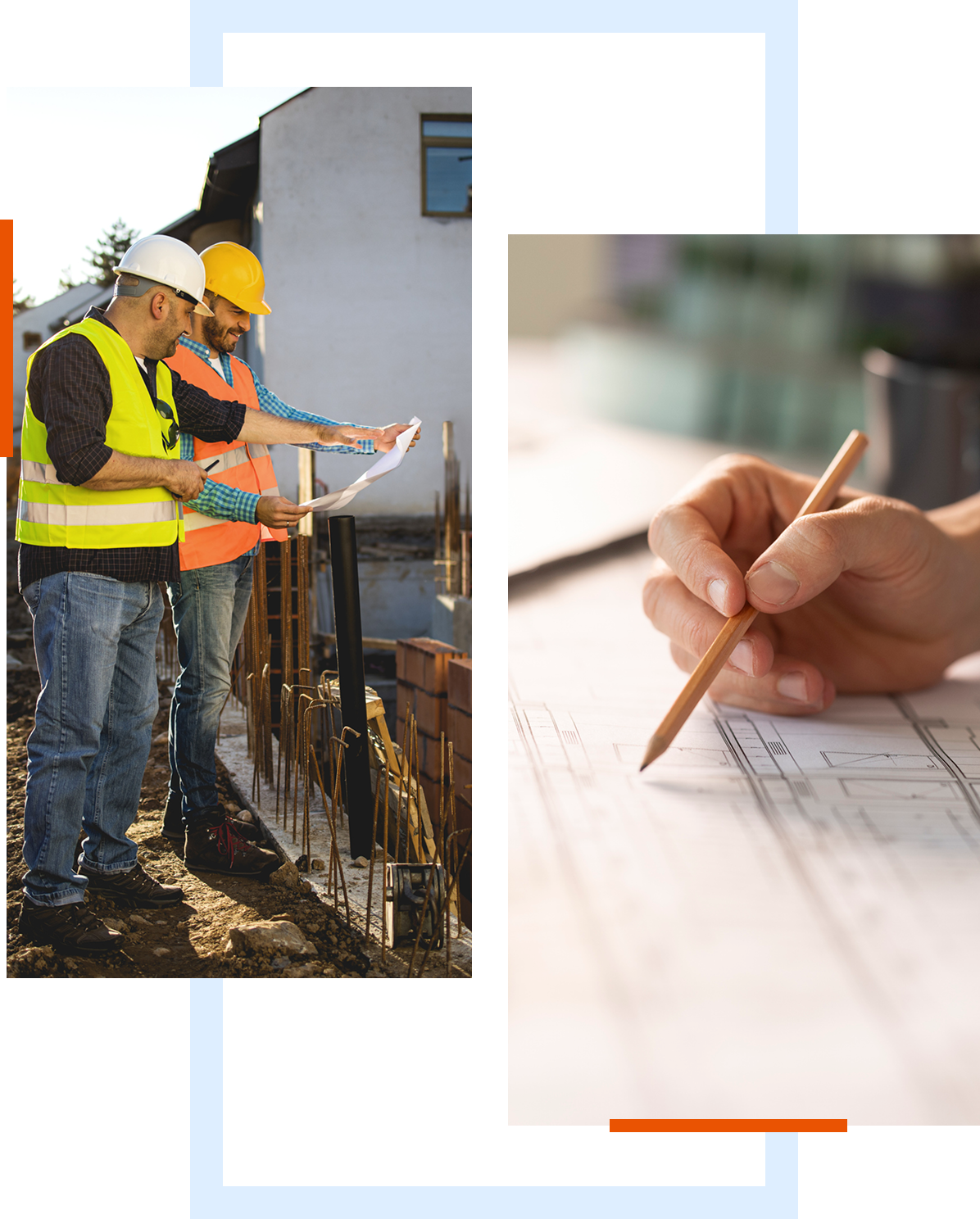 Construction workers reviewing blueprints and designs.