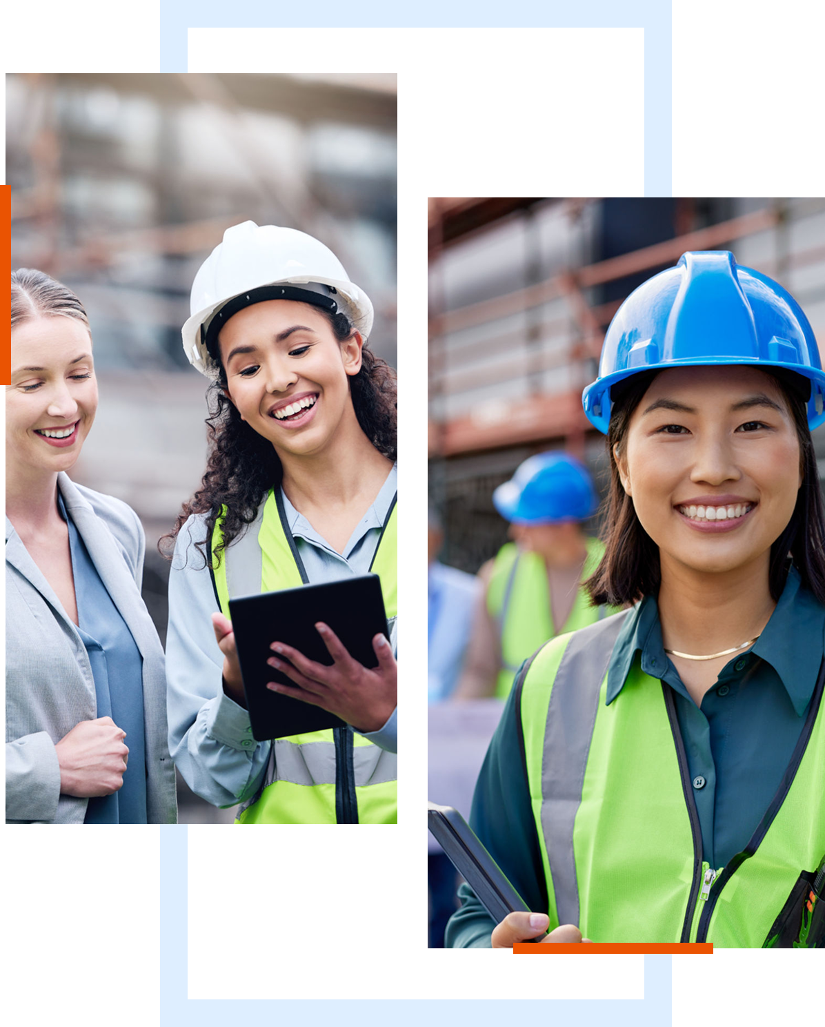 Women engineers discussing at construction site.