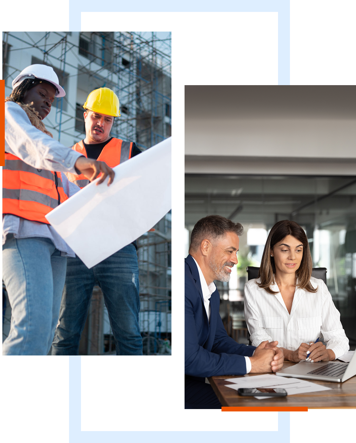 Construction planning and office meeting scenes combined.