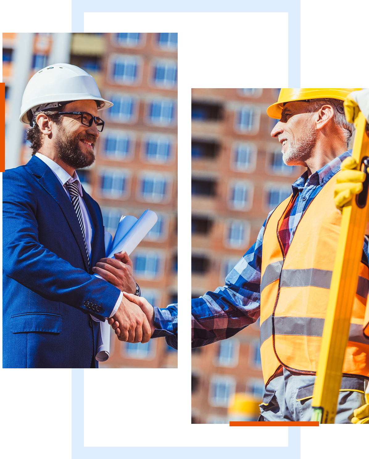 Engineer and construction worker shaking hands.