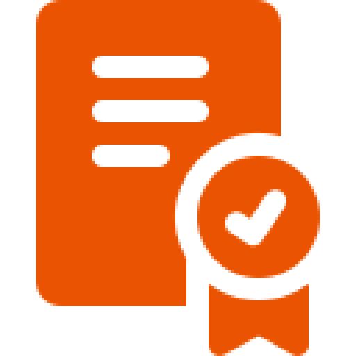 Certificate icon with checkmark in orange.